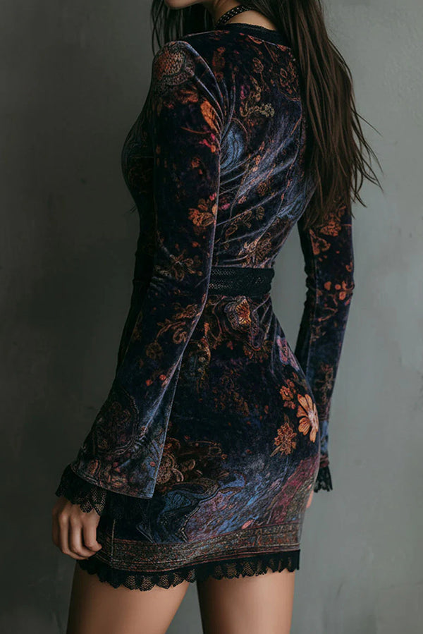 Elegant Velvet Floral Print V-neck Long-sleeved Slim-fit Mini Dress-consonak