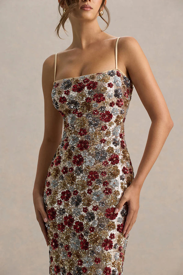 The Center of Attention Floral Print Sequin Square Neck Slip Stretch Maxi Dress-consonak