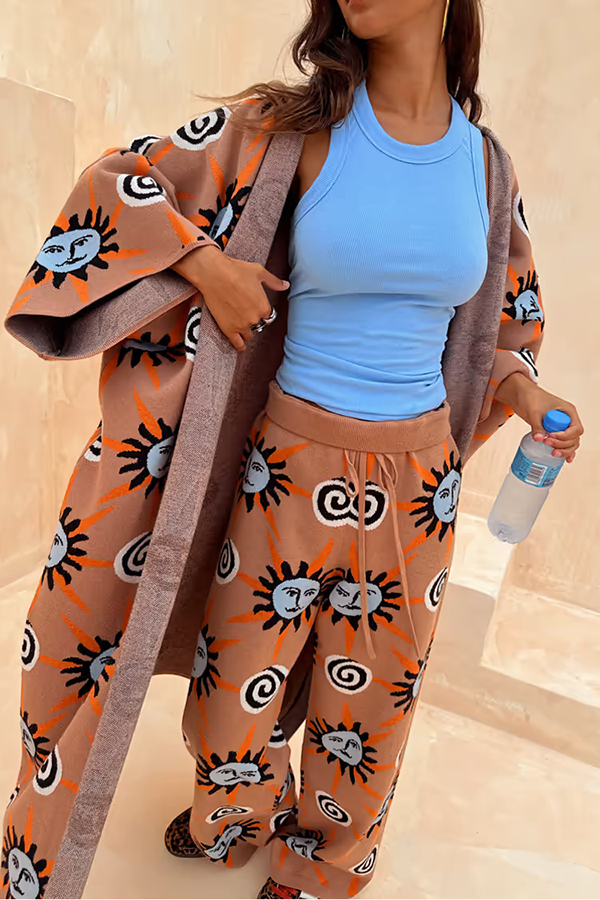Mediterranean Art Knit Unique Sun Vortex Print Bell Sleeve Long Cardigan-consonak