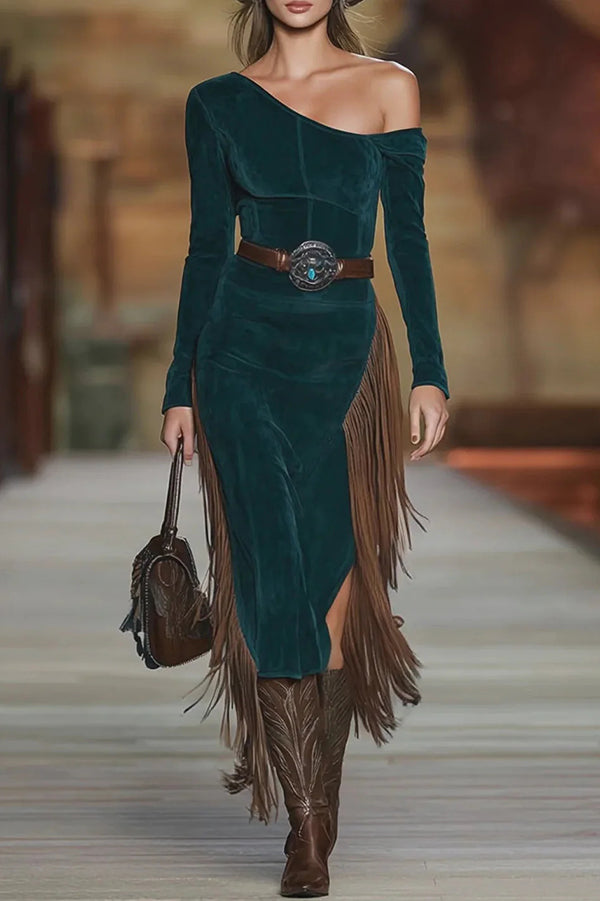 Stylish Slant Collar Long Sleeve Slim Fit Tassel Midi Dress-consonak