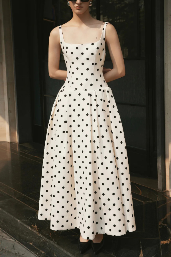 Polka Dot Print Square Neck Sleeveless Holiday Maxi Dress