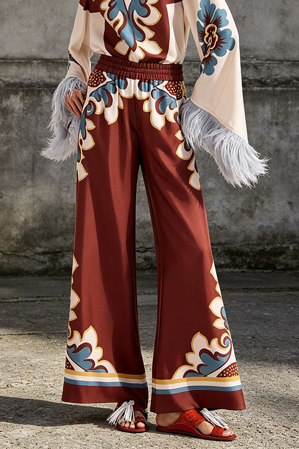 Bohemian Dreams Unique Print Elastic Waist Pocket Wide Leg Pants-Consonak