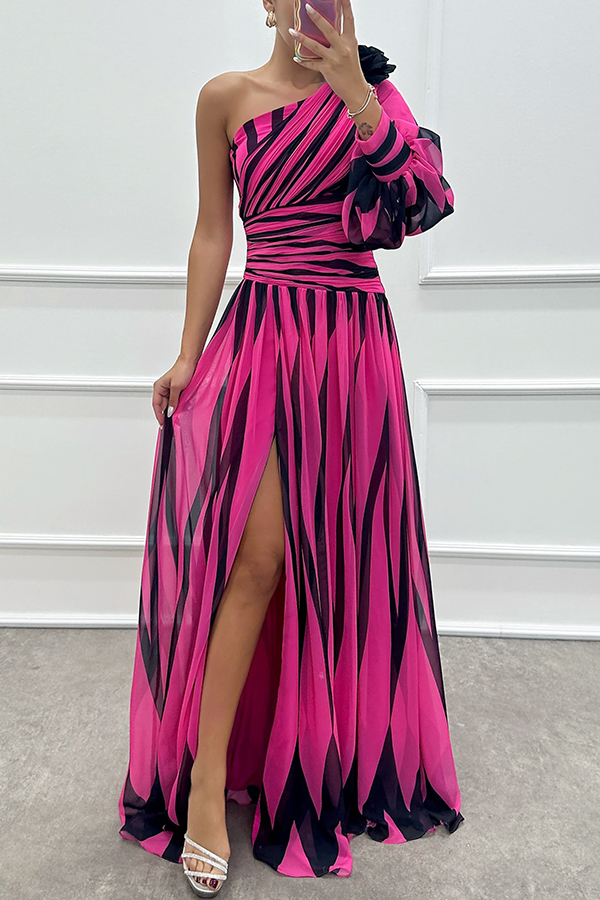 Purely Charming Printed Rose Pendant One Shoulder Pleated Slit Maxi Dress | Consonak