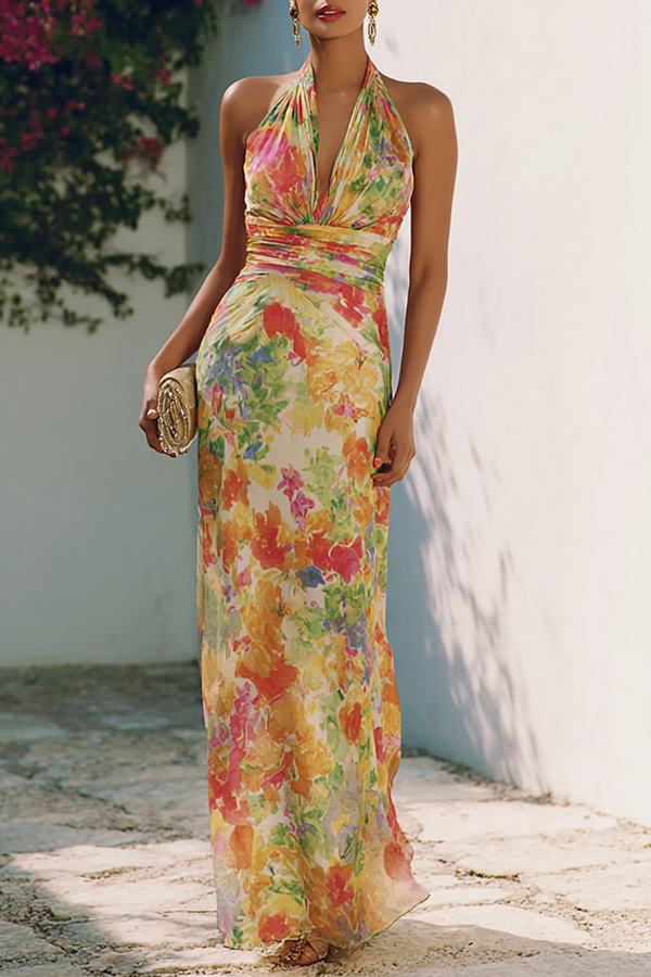 Lauria Chiffon Floral Print Ruched Waist Halter Tie-up Neck Backless Maxi Dress-consonak