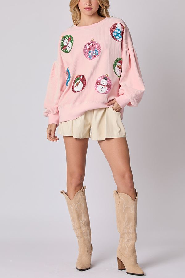 Christmas Egg Sequined Long Sleeve Loose Sweatshirt-consonak