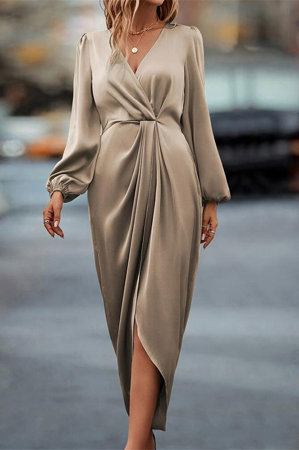 Satin V-neck Long-sleeved Slit Irregular Hem Midi Dress-consonak