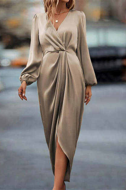 Satin V-neck Long-sleeved Slit Irregular Hem Midi Dress-consonak