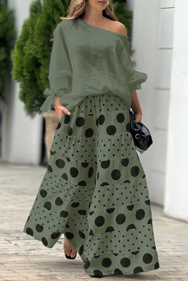 Stylish Tie-cuff Loose Top and Polka Dot Print Pocket Wide Leg Pants Set-consonak