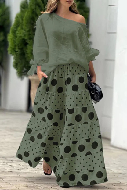 Stylish Tie-cuff Loose Top and Polka Dot Print Pocket Wide Leg Pants Set-consonak