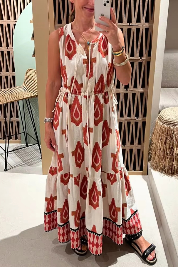 Unique Printed Round Neck Tie Sleeveless Holiday Maxi Dress
