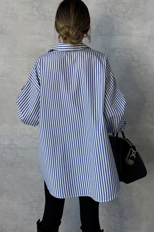 Fashionable Striped Printed Loose Long-sleeved Casual Shirt-consonak