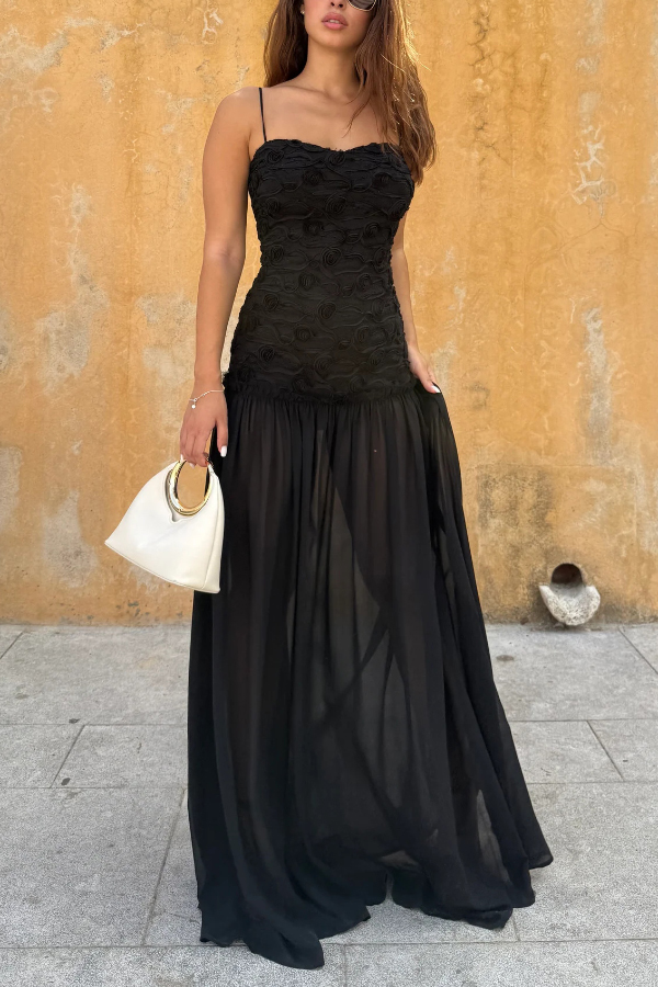 Stylish Three-dimensional Floral Chiffon Patchwork Strapless Elegant Maxi Dress | Consonak