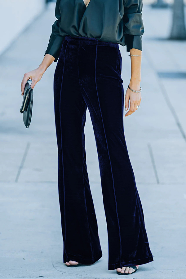 Claudia Velvet High Rise Elastic Waist Flare Stretch Pants-consonak