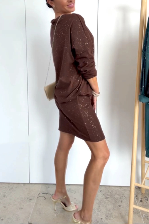 Solid Color Sparkly Round Neck Long Sleeve Casual Mini Dress