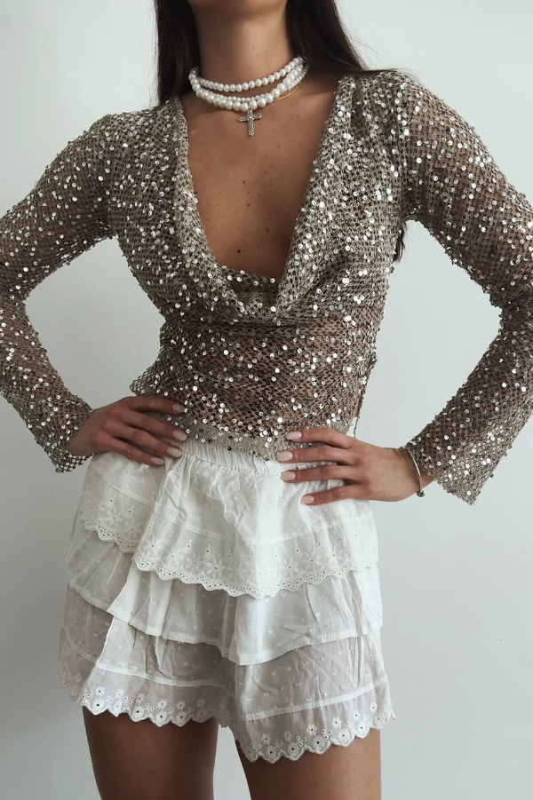 Fashionable Sequined Fishnet Casual Long-sleeved Top-consonak