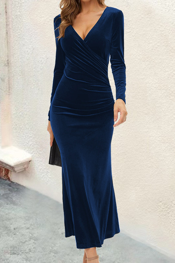 Solid Color Velvet Long Sleeve V-neck Slim Fit Fishtail Maxi Dress-consonak