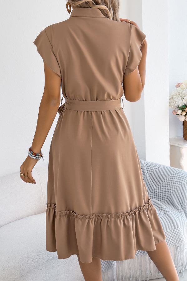 Solid Color Stand Collar Button Waist Tie Casual Midi Dress-consonak