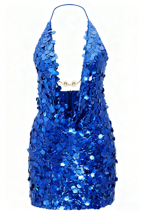 Sexy Halter Neck Sequined Open Back Mini Dress-consonak