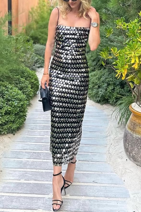 Sexy Sequined Halter-neck Backless Slim Fit Slit Midi Dress-consonak