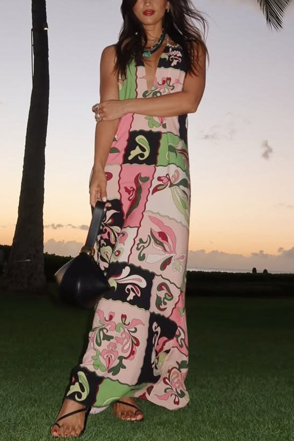 Vacation Night Unique Color-block Print U-shaped Shoulder Strap Maxi Dress