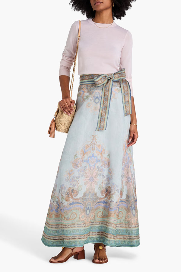 Next Vacation Linen Blend Paisley Print High Rise Tie-up Waist Maxi Skirt | Consonak