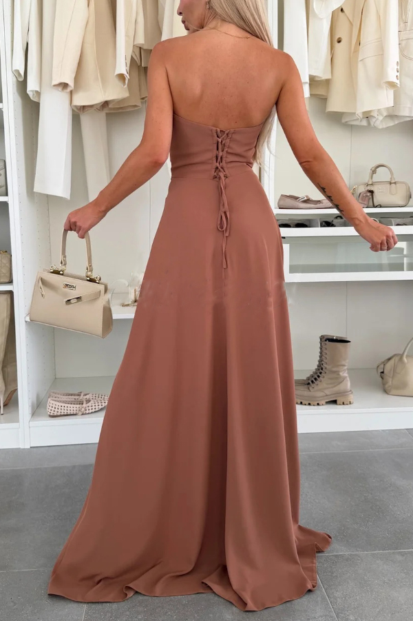 Stylish Sleeveless Off-shoulder Elegant Back Tie-up Slit Maxi Dress