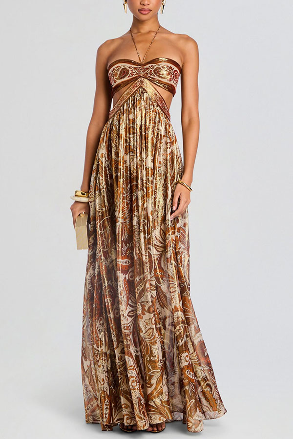 Bohemian Flair Chiffon Golden Paisley Print Cutout Halter Maxi Dress | Consonak