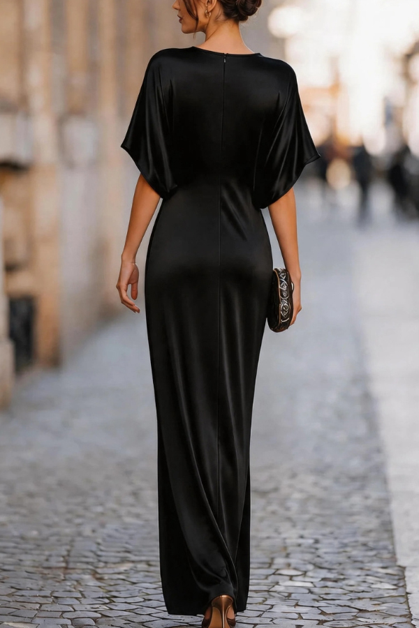 Solid Color Round Neck Short-sleeved Elegant Draped Maxi Dress | Consonak