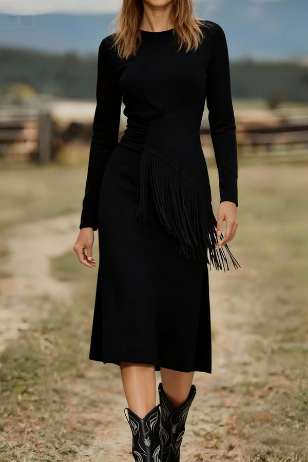 Solid Color Round Neck Long-sleeved Suede Slim-fit Tassel Midi Dress-consonak