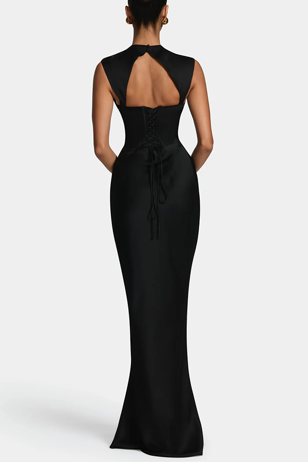 Avielle Satin High Neck Back Asymmetric Pleated Lace-up Drape Maxi Dress-consonak
