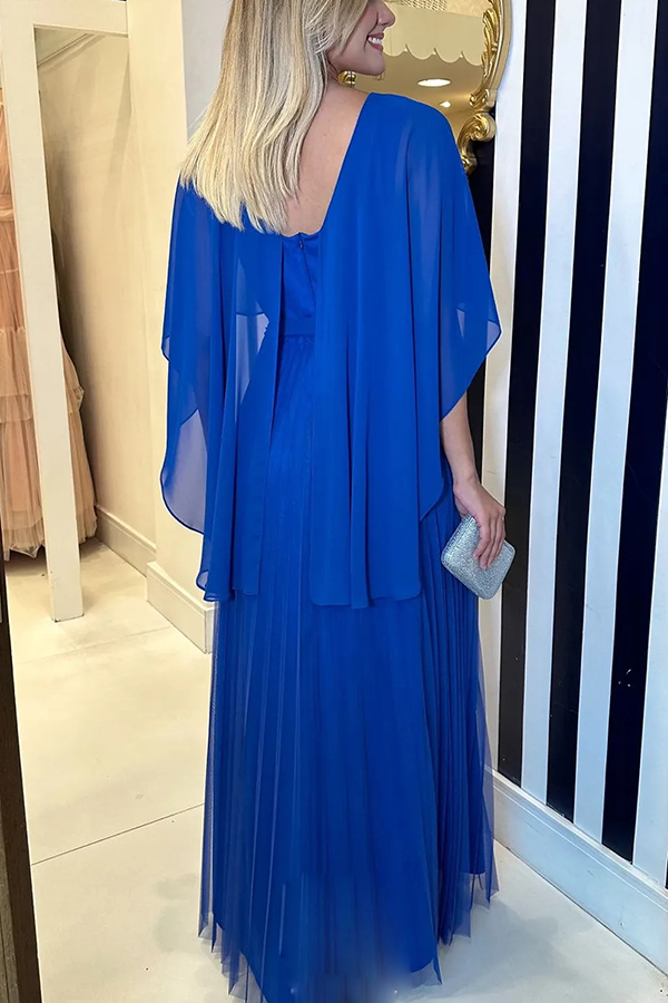 Ready for Holiday Cape Sleeve Tie-up Pleated Maxi Dress-consonak