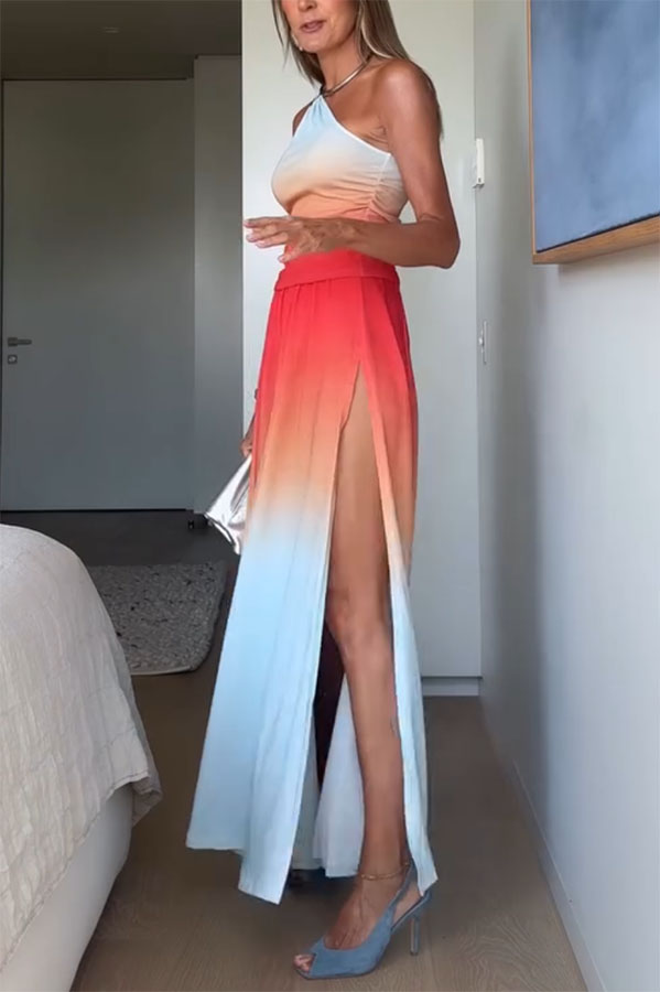 Ocean Sunset Ombré Print Starburst Brooch One Shoulder Tank and Elastic Waist Slit Maxi Skirt Set
