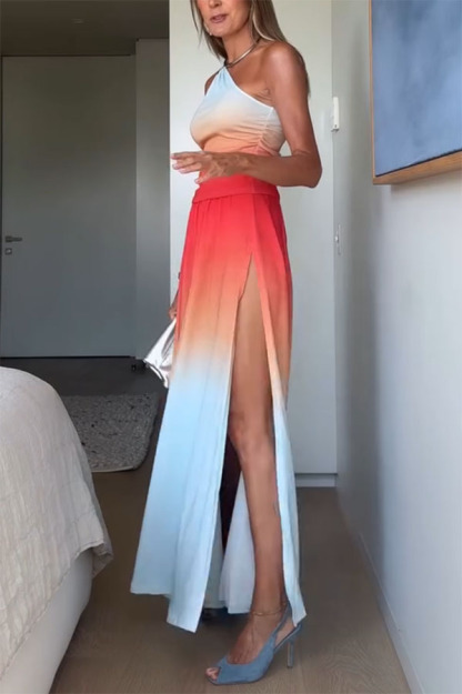 Ocean Sunset Ombré Print Starburst Brooch One Shoulder Tank and Elastic Waist Slit Maxi Skirt Set