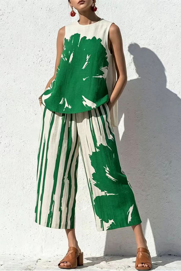 Abstract Brushstroke Sleeveless Tunic & Cropped Pant Set-Consonak