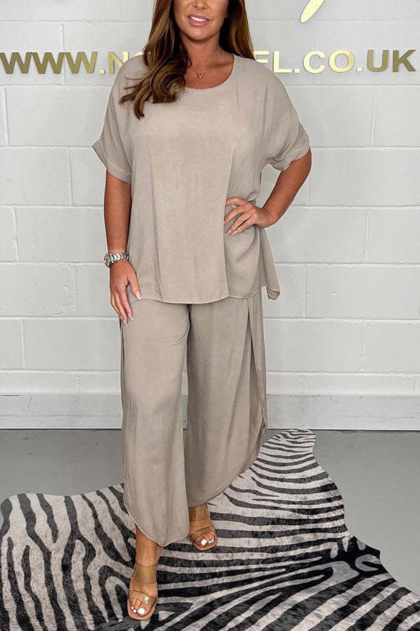 Greyson Flowy Loose Blouse and Elastic Waist Slit Pants Set-consonak