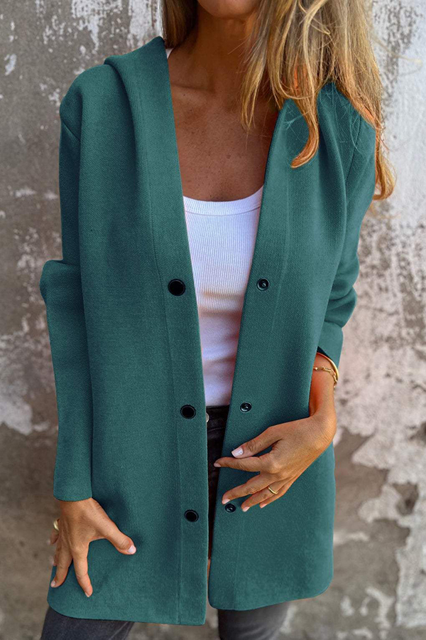 Solid Color Casual Long Sleeve Single Breasted Hooded Jacket-consonak