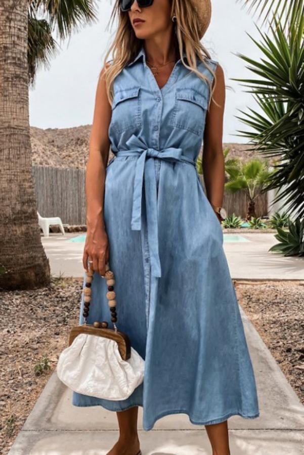 Ralphy Pocketed Distressed Denim Tie Dress-consonak