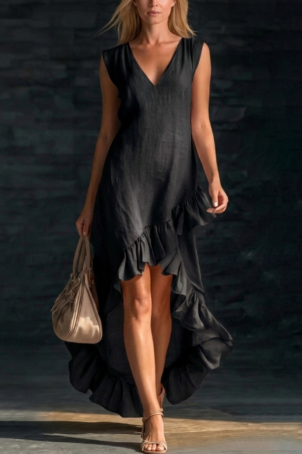 Linen Blend V-neck Sleeveless Ruffled Hem Casual Maxi Dress | Consonak