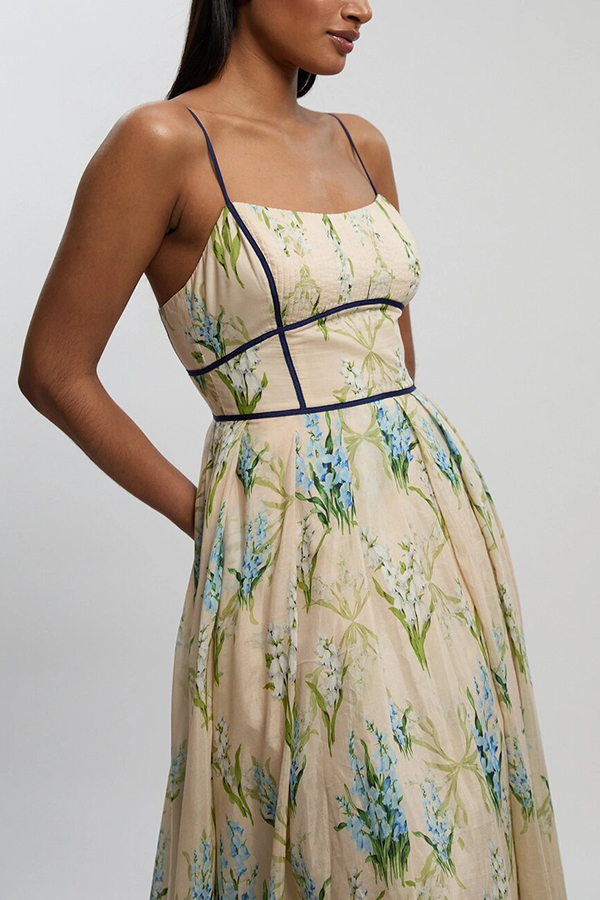 Shari Linen Blend Floral Print Colorblock Strappy Pocket Maxi Dress