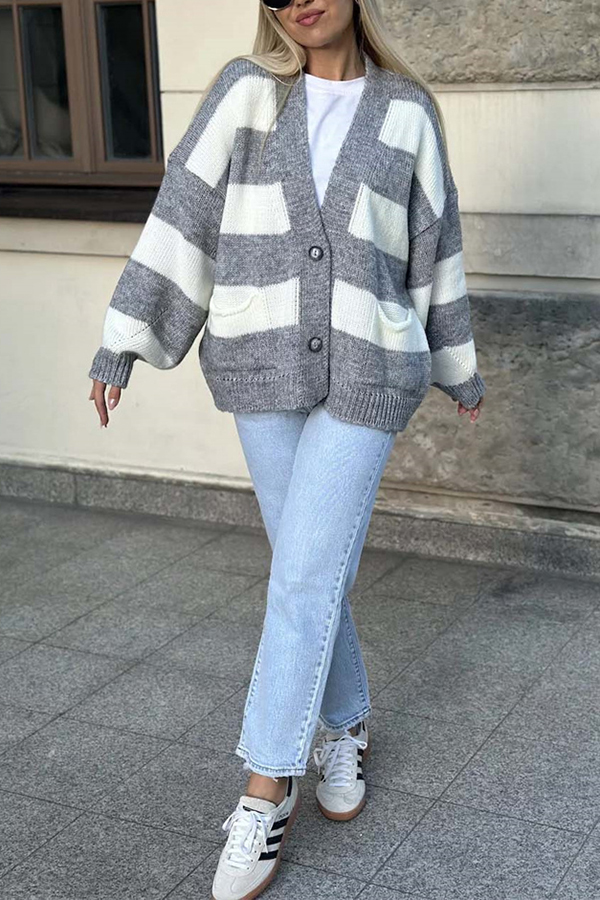 Casual V-neck Long-sleeved Striped Pocket Knitted Cardigan-consonak