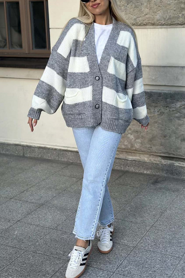 Casual V-neck Long-sleeved Striped Pocket Knitted Cardigan-consonak