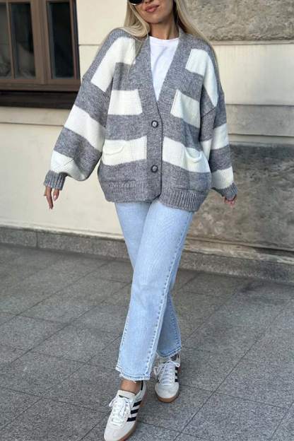 Casual V-neck Long-sleeved Striped Pocket Knitted Cardigan-consonak
