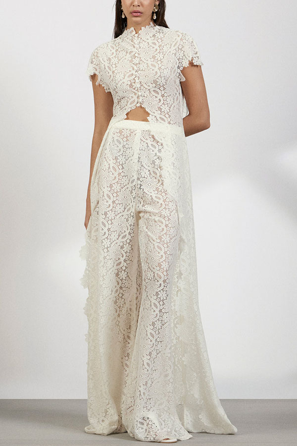 Elegance Avant-garde Floral Lace Short Sleeve High Low Top and High Rise Wide Leg Pants Set-consonak