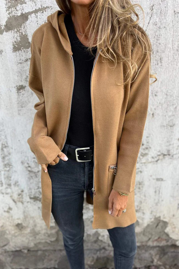 Solid Color Hooded Casual Zip Pocket Jacket-consonak