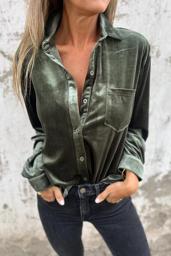 Solid Velvet Long-sleeved Single-breasted Loose Pocket Shirt-consonak