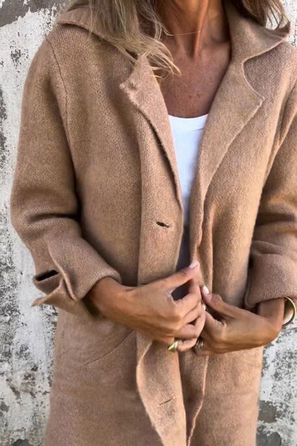 Solid Color Lapel Pocket Single Breasted Midi Coat-consonak