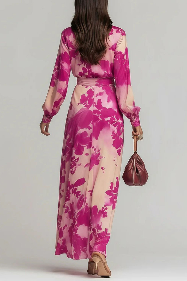 Floral Print Chiffon Long-Sleeved V-Neck Tie Waist Elegant Maxi Dress