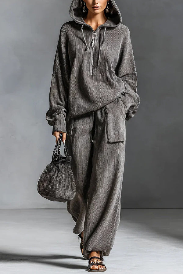 Solid Color Loose-fitting Hooded Long-sleeved Sweatshirt and Elastic Waist Casual Pocket Pants Set