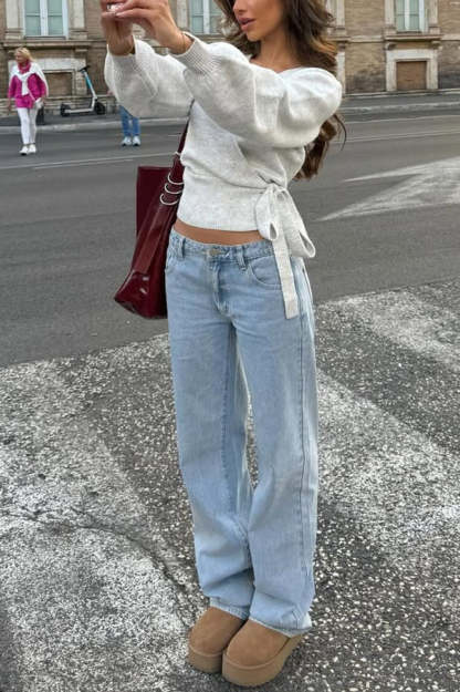 Solid Color Crossover V-neck Tie Elegant Long-sleeved Knit Top-consonak