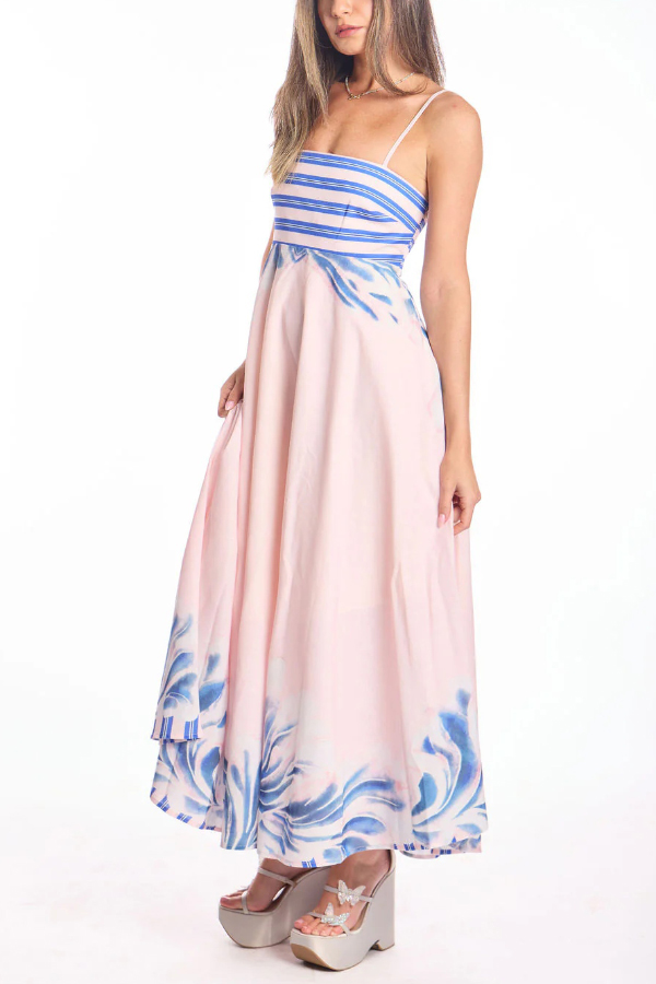 Unique Print Square Neck Spaghetti Strap Back Gathered Maxi Dress